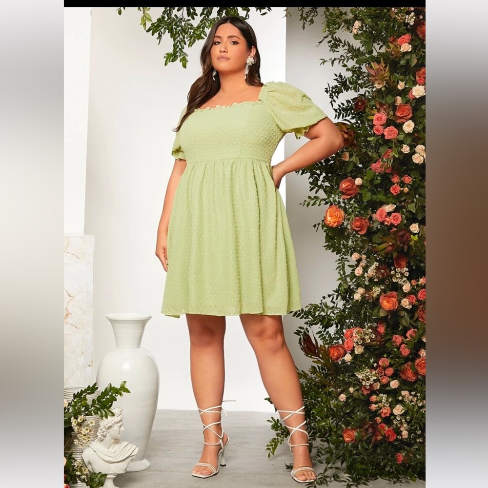 Green Swiss Dot Puff Sleeve Dress